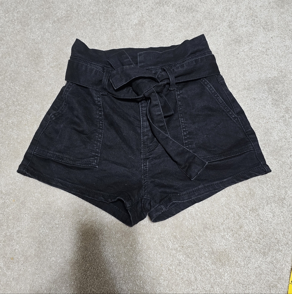 Refuge Black Denim High Waisted Tie Belt Paperbag Shorts Size 1